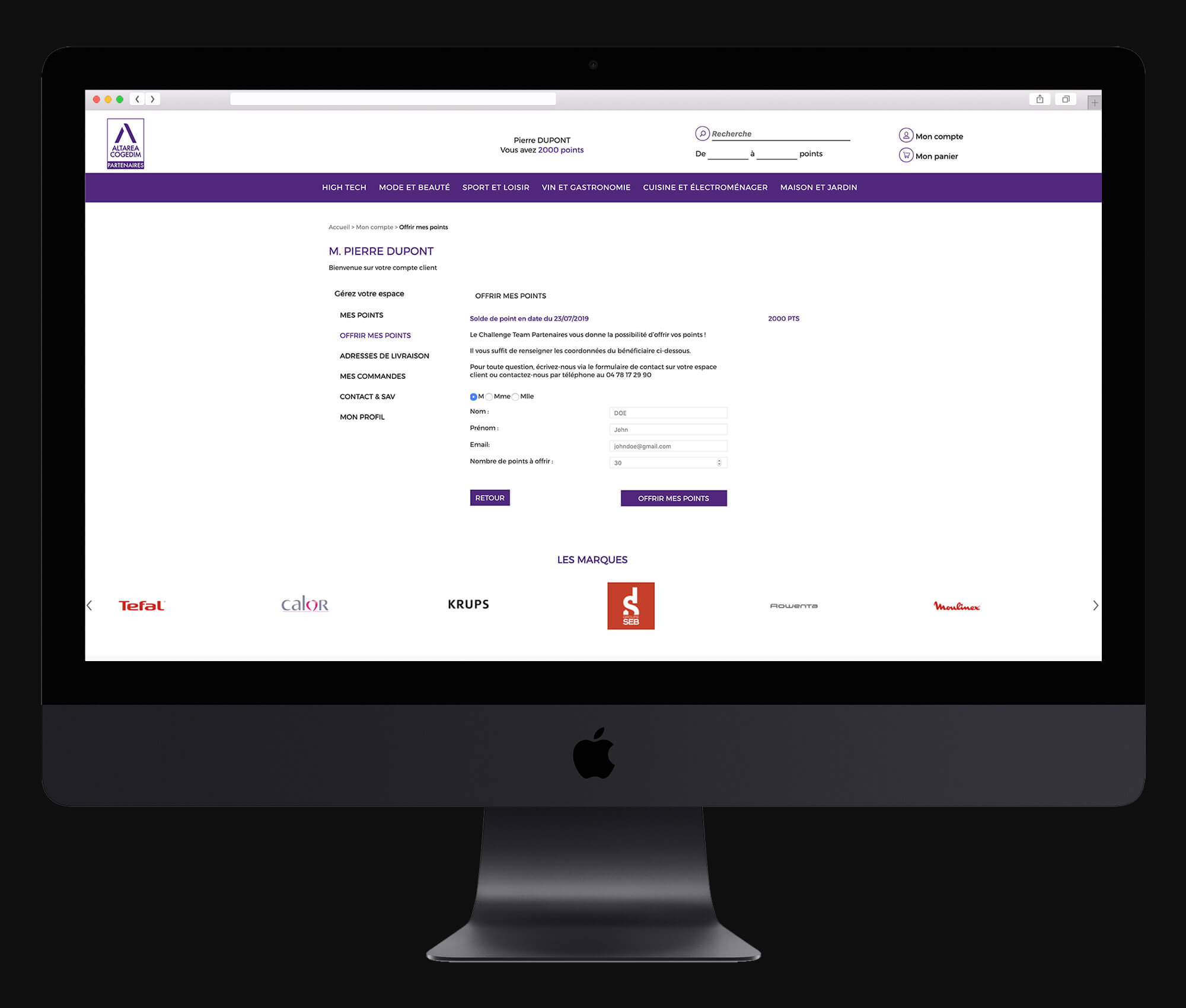 Plateforme Altarea Cogedim sur ordinateur créée par Cadeaux Privés